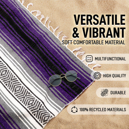 Hydration Nation Authentic Extra Large Mexican Blanket (70"x50") - Handwoven Yoga, Serape - Artisanal Falsa, Beach, Camping, Picnic, Outdoor (Purple)