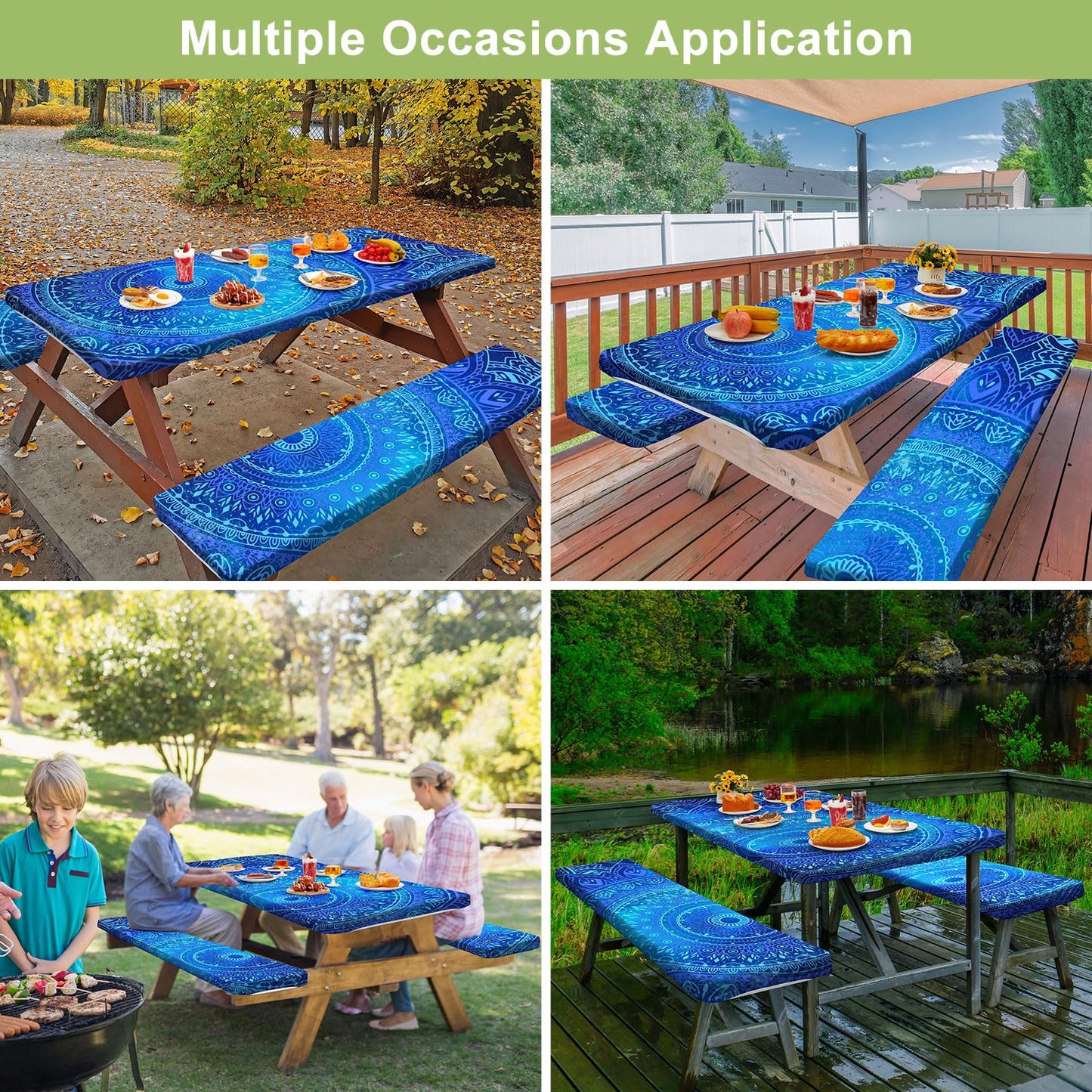 Picnic Table Cover with Bench Covers 6FT 3 Pcs Waterproof Windproof Aesthetic Camping Tablecloth with Drawstring Bag, Fitted for 6 Foot Rectangle Tables and Seats, 72 inch, Dark Blue Green