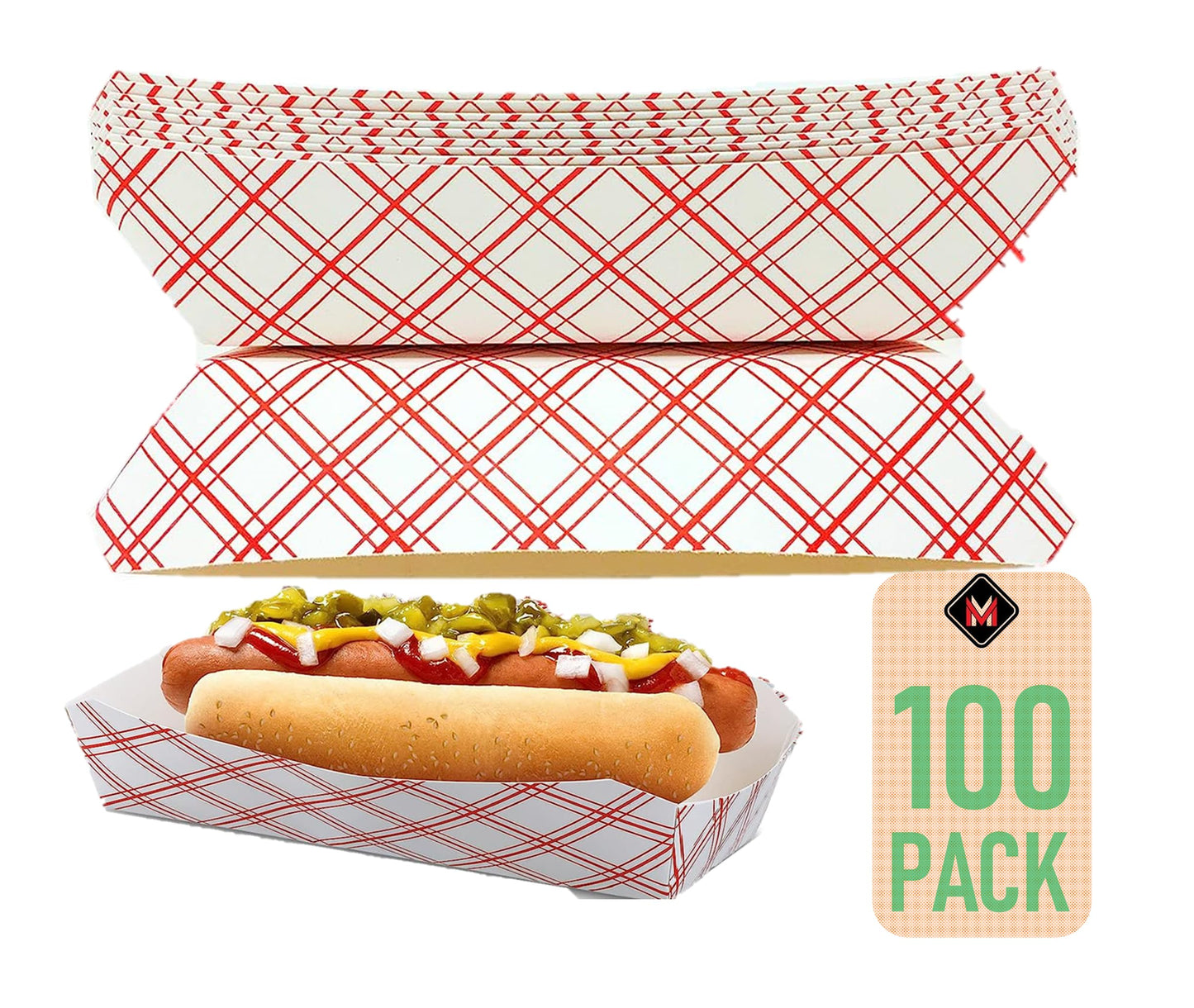 Mr Miracle 7 Inch Paper Hot Dog Tray in Red White Pattern. Pack of 100. Disposable, Recyclable and Fully Biodegradable. Made in USA