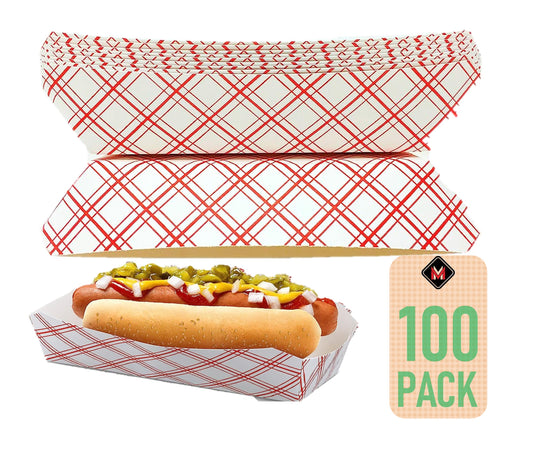 Mr Miracle 7 Inch Paper Hot Dog Tray in Red White Pattern. Pack of 100. Disposable, Recyclable and Fully Biodegradable. Made in USA