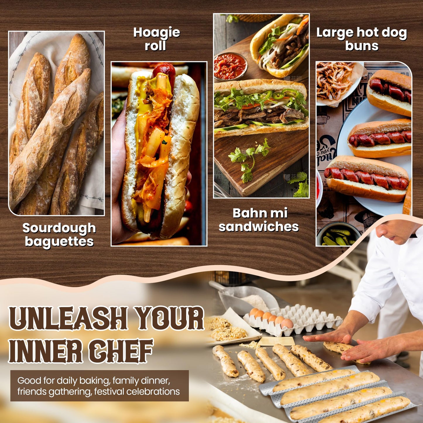 Pavsrmy Baguette Bread Pan, Premium Nonstick Perforated Baguette Pan for French Bread Baking, 4 Loaves Baguette Baking Tray for Sourdough, Italian Bread, Perfect for Creating Crisp Golden-Brown Crust