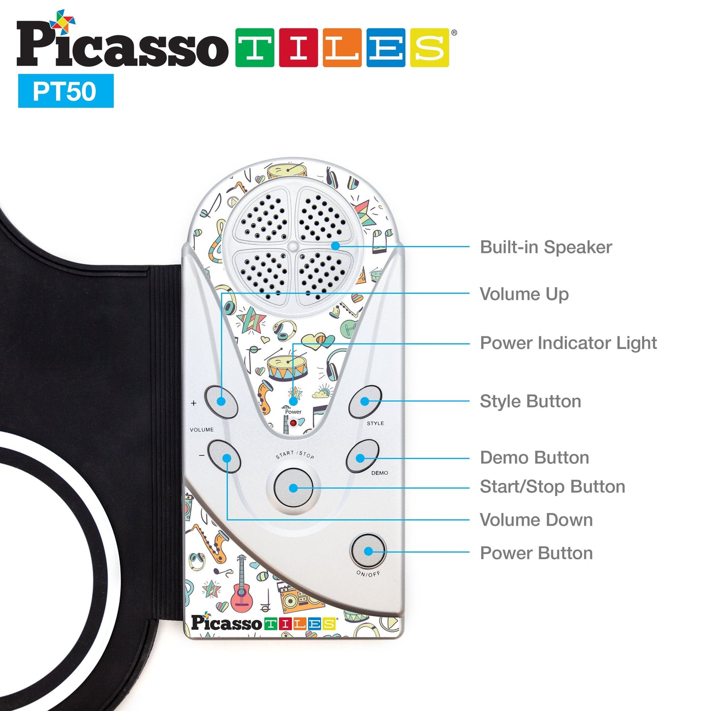 PicassoTiles Portable Roll-Up Electronic Drum Set for Kids 7 Drum Pads with Built-in Speaker Headphone Jack Recording Function Educational Demo Songs Fun Musical Toy for Boys and Girls Ages 3+ PT50