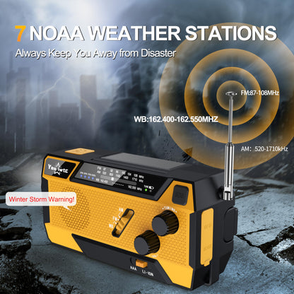 Hand Crank Emergency Radio NOAA Weather Radio 7400mWh Battery Operated 3 in 1 Charging Cable Hand Crank Charger with AM FM Portable Solar Powered Radio for Winter Storm Hurricane Survival Gear