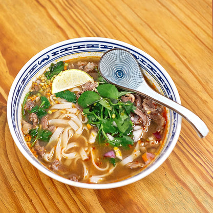 JOBNTZ Asian Soup Spoon,Ceramic Ramen Spoons Japanese Style for Pho, Miso soup, Dumpling, Noodles, Chinese Wonton Dishwasher safe - Set of 4 - Blue