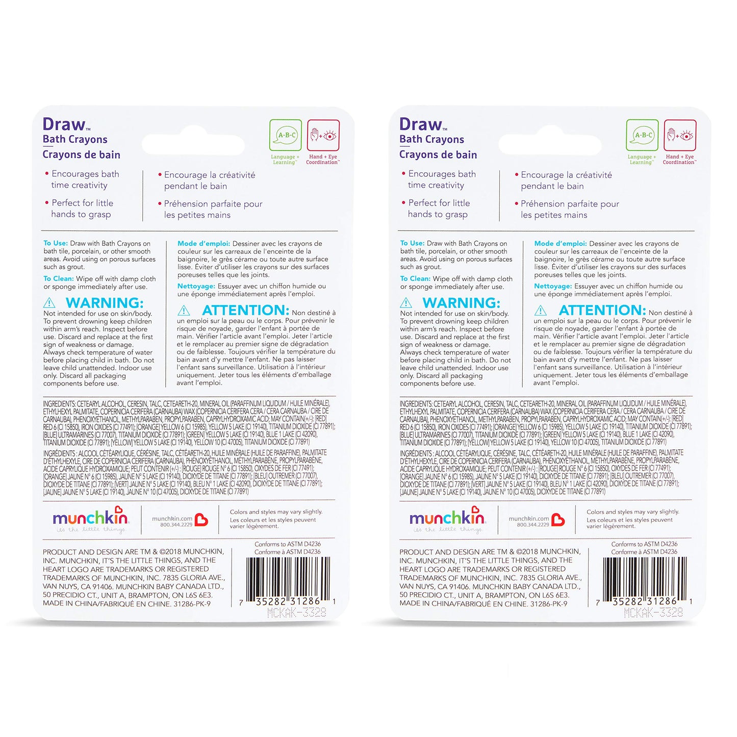 Munchkin® Draw™ Bath Crayons Toddler Bathtub Toys, Non-Toxic and Washable, For Kids 36 Months and Up, 10 Count