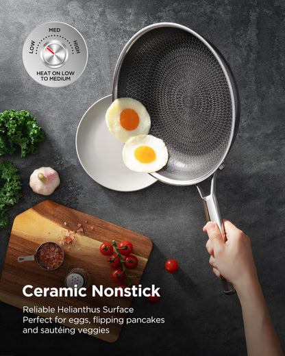 Non Stick Frying Pans Hybrid Ceramic, 12 Inch Tri-Ply Stainless Steel Skillet, Non-Toxic, PFAS/PFOA/PTFE Free, Metal Utensil Safe, Dishwasher & Oven Safe, Induction Compatible