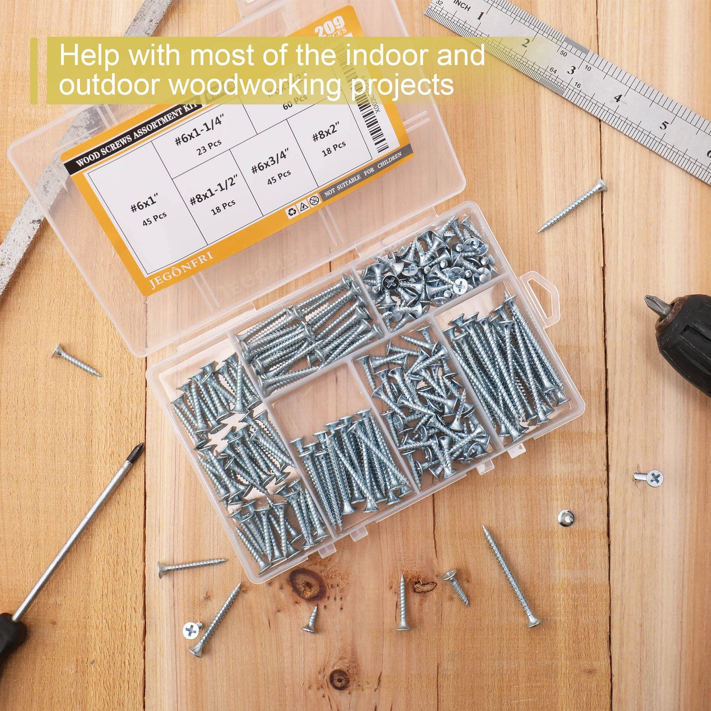 JEGONFRI High Hardness Wood Screws Assortment Kit, 209 pcs, Phillips Drive Flat Head, Wood Screws, Screws, Drywall Screws, Assorted Screws, Screws Set, 6 Sizes (2”,1-1/2”,1-1/4”,1”,3/4”,1/2”)