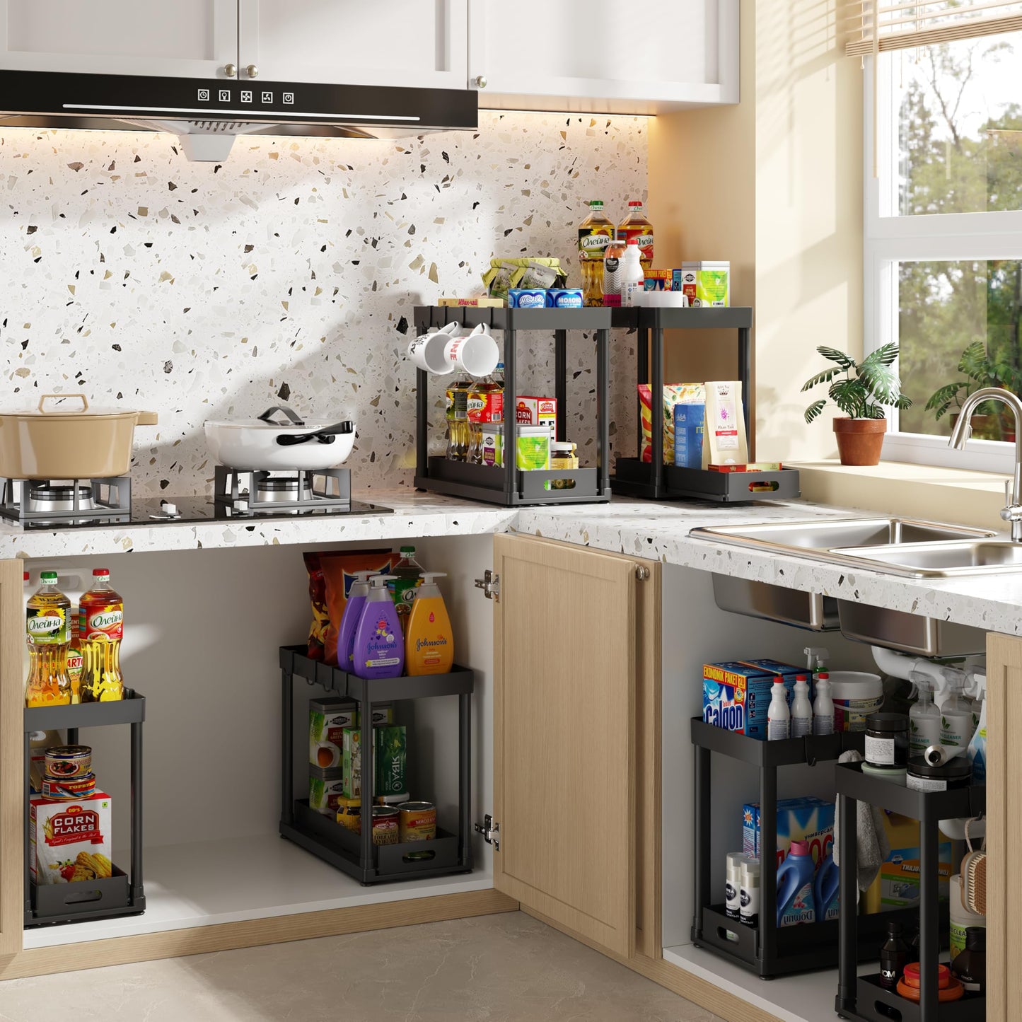 POUGNY 2PC Under Sink Organizer Rack 2 Tier Under Sliding Cabinet Basket Organizer Drawer with 4 Hooks, Multi-purpose Under Sink Storage for Bathroom Kitchen Desktop（Black）