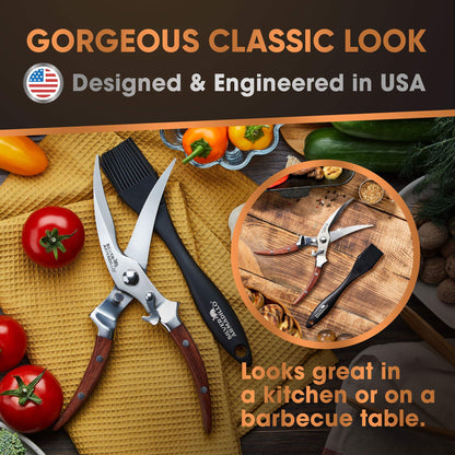 Heavy Duty Poultry Shears | Food Grade Stainless Steel Scissors for Bone, Chicken, Meat, Fish, Seafood, Vegetables | Anti-Rust Ergonomic Spring Loaded Food SHEAR | Built-In Lock |(Brown Wood Handles)