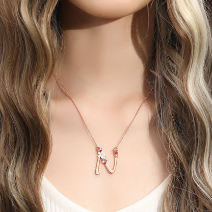 Flower Initial Letter Necklace, Pink Red Blue Simulated Pearl Pendant Name Jewelry Made with Austrian Crystals Rose Gold Plated Anniversary Birthday Gifts for Women,18"+2" (N)