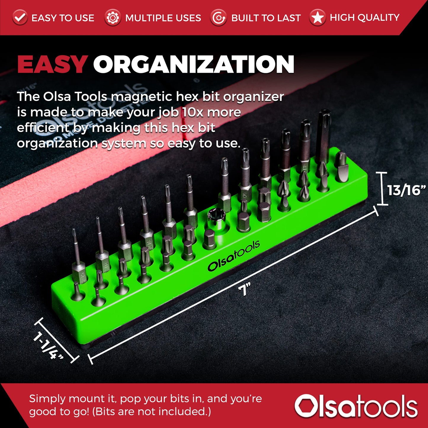 Olsa Tools Hex Bit Organizer with Magnetic Base - Green Holder for Drill, Tamper, and Specialty Bits - Compact Magnetic Storage Solution - Part 1140