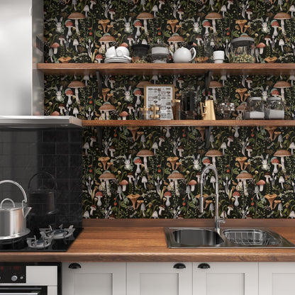 MILEPER Mushroom Wallpaper Peel and Stick Wallpaper Black 17.7" x 393" Self Adhesive Removable Wall Paper Leaf Forest Mushroom Contact Paper for Countertops Decor