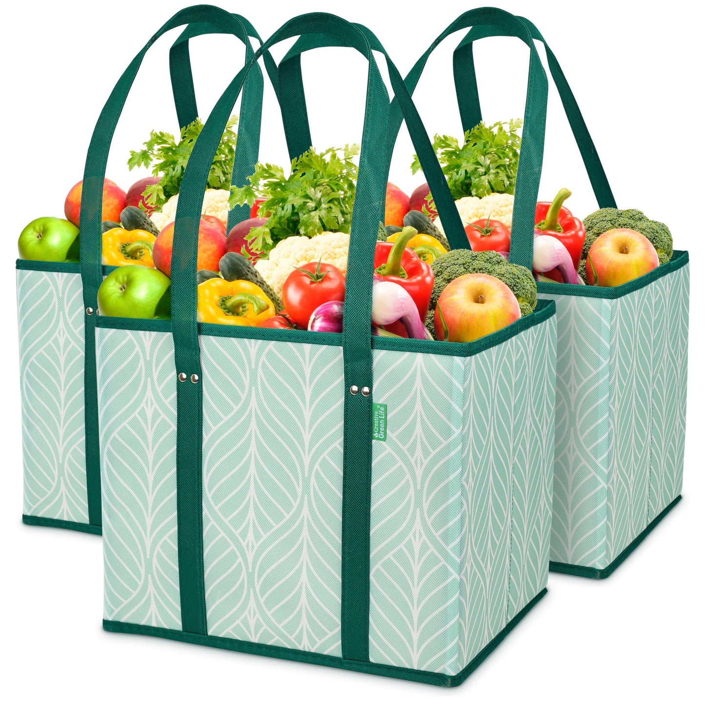 Reusable Grocery Bags (3 Pack) – Heavy Duty Reusable Shopping Bags for Groceries with Box Shape to Stand Up, Stay Open, Fold Flat – Large Tote-Bag is Foldable with Long Handles & Hard Bottom (Green)