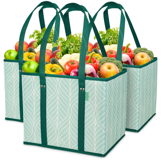 Reusable Grocery Bags (3 Pack) – Heavy Duty Reusable Shopping Bags for Groceries with Box Shape to Stand Up, Stay Open, Fold Flat – Large Tote-Bag is Foldable with Long Handles & Hard Bottom (Green)