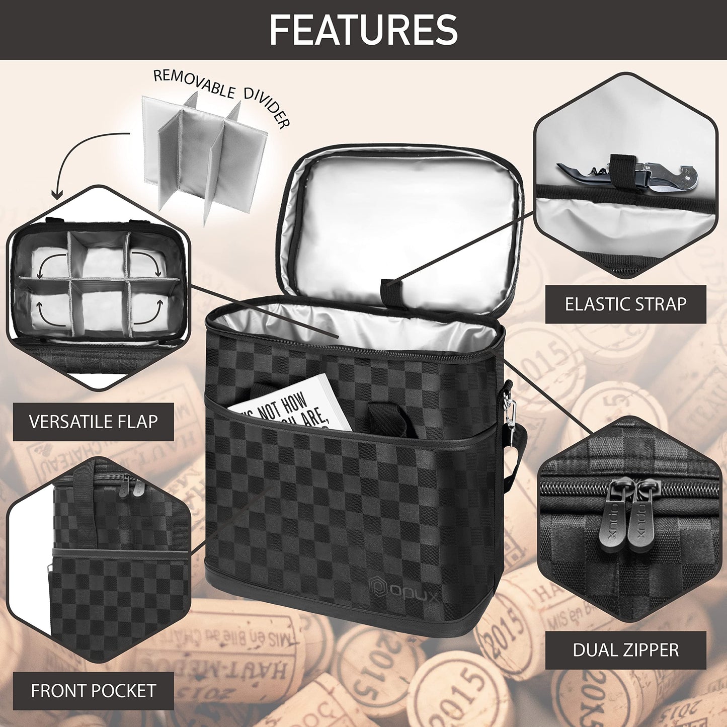 opux 6 Bottle Carrier Tote | Insulated Padded Wine Cooler Bag for Travel. Picnic, BYOB | Portable Leakproof Wine Tote Bag for Dinner, Party, Christmas, Wine Gift for Women, Men (Black Square)