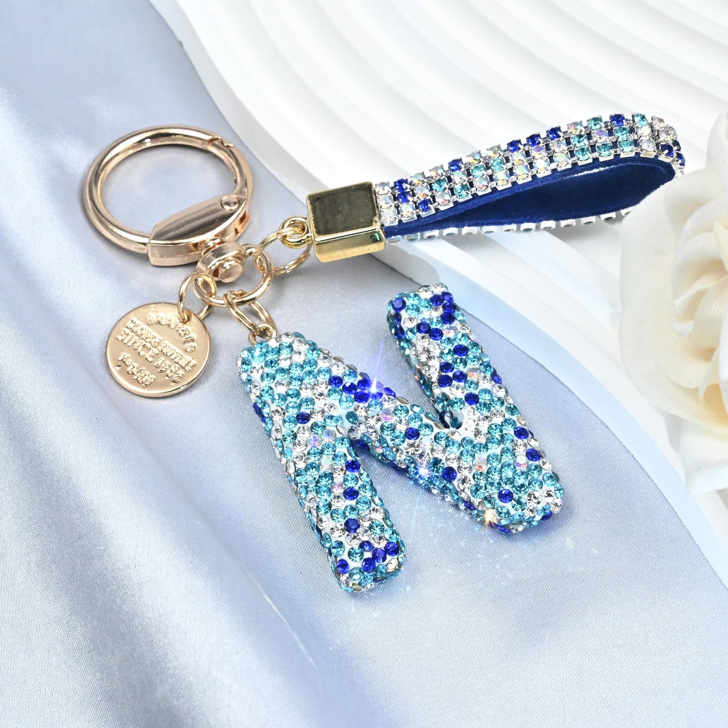 Pink Blue White Initial Letter Keychain Gift for Women Girls Bling Sparkly Cute Backpack Car Key Accessories Lanyard (N-blue)
