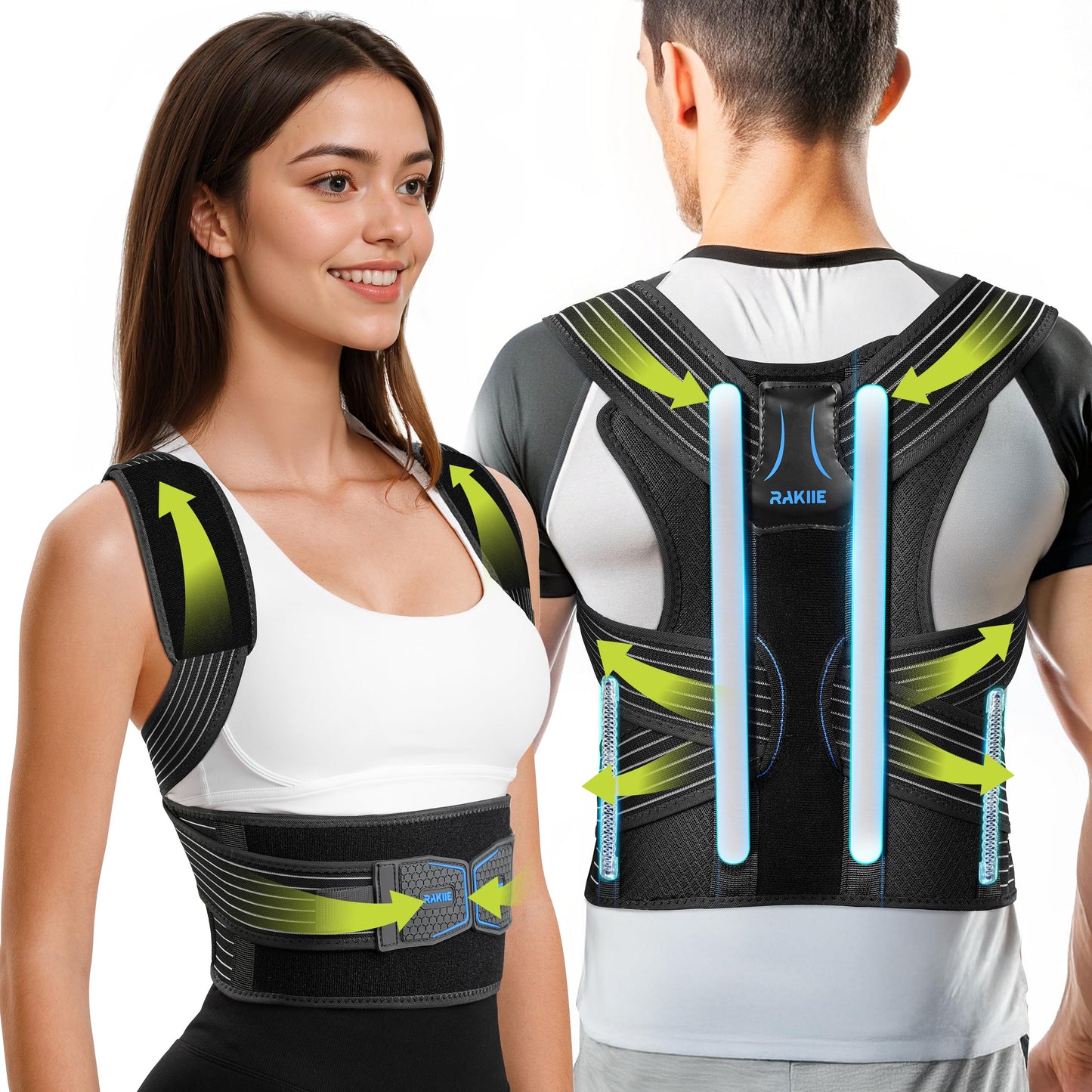 Rakiie Posture Corrector for Women and Men, Upgraded Back Brace with Enhanced Support, Shoulder Straightener with Cushioned Shoulder Pads & Underarm Pain Relief Strap, Size M (Underbust: 35.4"-41")