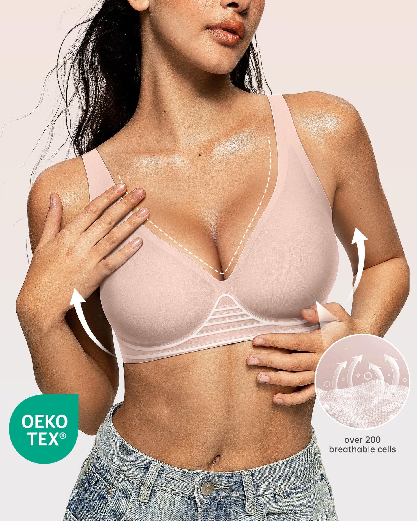 OEAK Womens Deep V Bras Wireless Comfortable Bra Supportive No Underwire Bras Tshirt Push Up Bralettes Plunge Seamless Bra Nude L