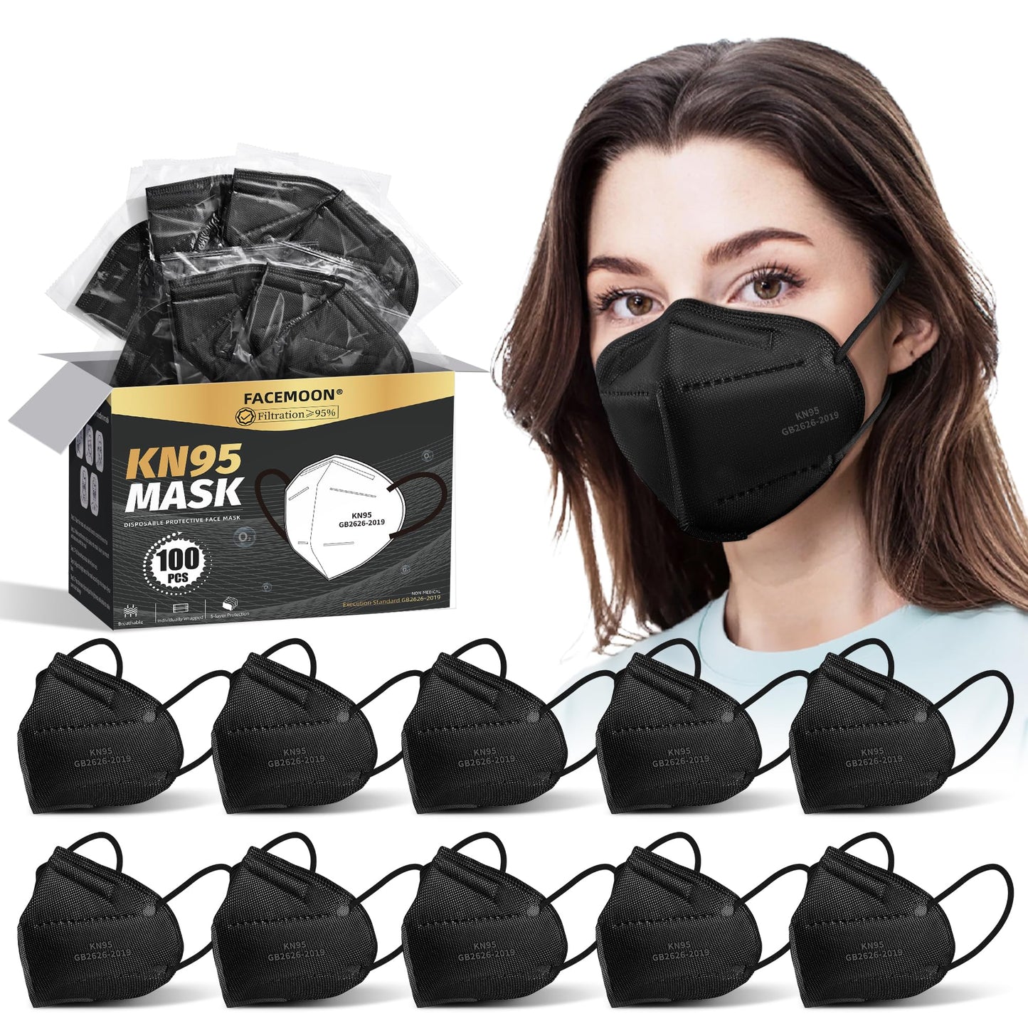 KN95 Face Masks Black Adults - 100 Pack Disposable Masks Comfortable 5-Layer Safety Face Masks & 5 Adjustable Masks Extender Masks Large Size
