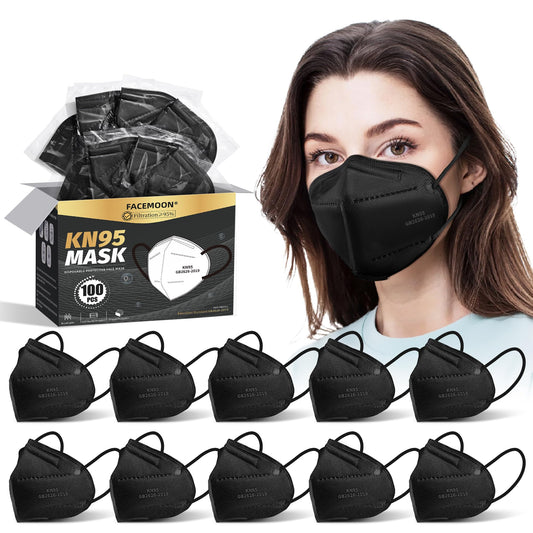 KN95 Face Masks Black Adults - 100 Pack Disposable Masks Comfortable 5-Layer Safety Face Masks & 5 Adjustable Masks Extender Masks Large Size