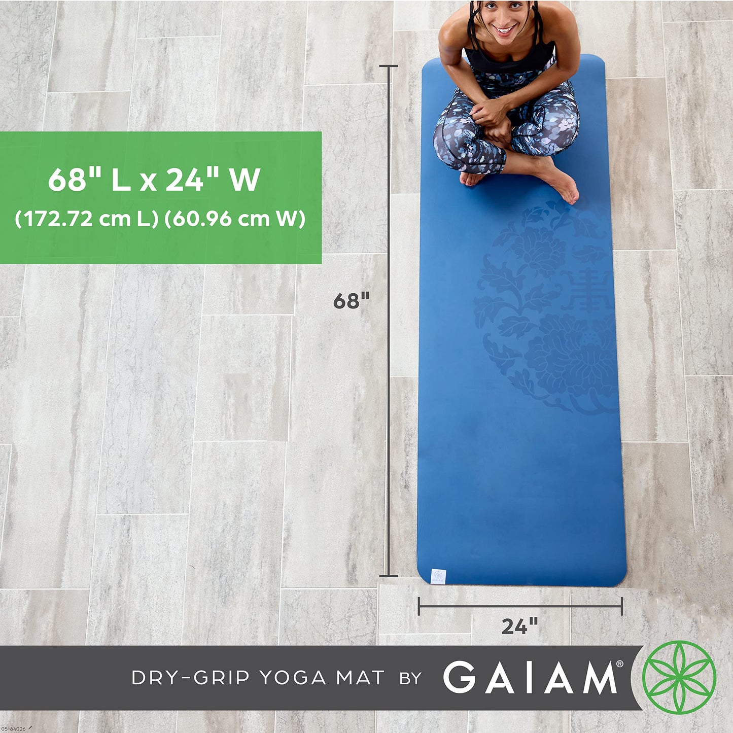 Gaiam Dry-Grip Yoga Mat - 5mm Thick Non-Slip Exercise & Fitness Mat for Standard or Hot Yoga, Pilates and Floor Workouts - Cushioned Support, Non-Slip Coat - 68 x 24 Inches - Black