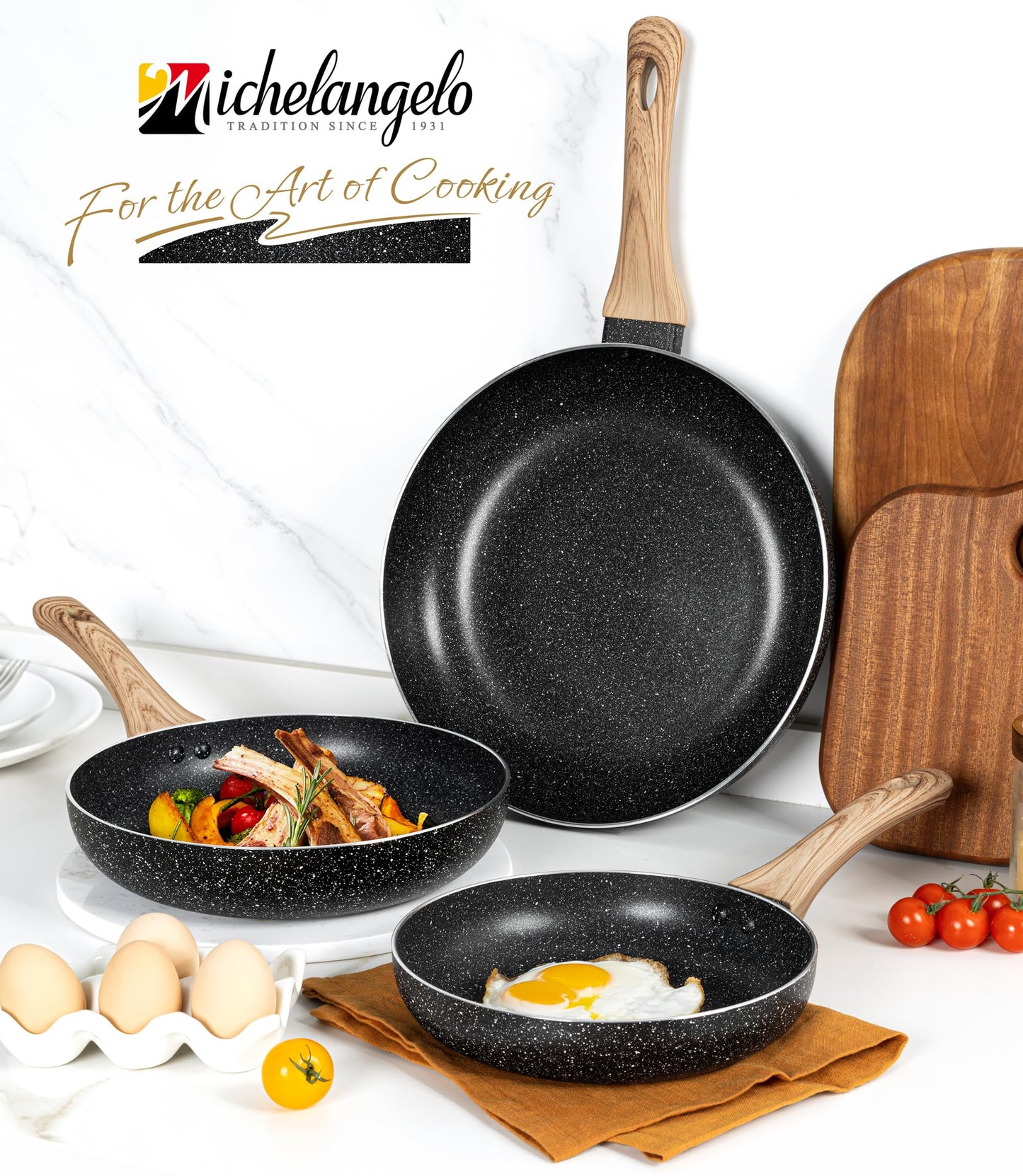 MICHELANGELO Non Stick Frying Pans - 8"+9.5"+11" Nonstick Frying Pan Set with Non-Toxic Stone Coating, Frying Pans Nonstick with Anti-Scald Handle, Induction Compatible