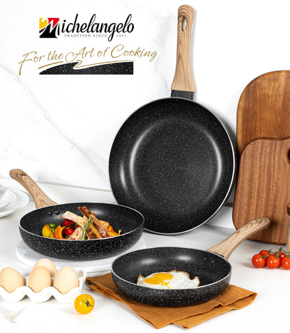 MICHELANGELO Non Stick Frying Pans - 8"+9.5"+11" Nonstick Frying Pan Set with Non-Toxic Stone Coating, Frying Pans Nonstick with Anti-Scald Handle, Induction Compatible