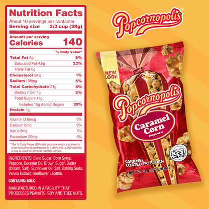 Popcornopolis 9.5 oz Bag, Caramel Flavored Indulgent Popcorn