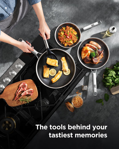 Non Stick Frying Pans Hybrid Ceramic, 12 Inch Tri-Ply Stainless Steel Skillet, Non-Toxic, PFAS/PFOA/PTFE Free, Metal Utensil Safe, Dishwasher & Oven Safe, Induction Compatible