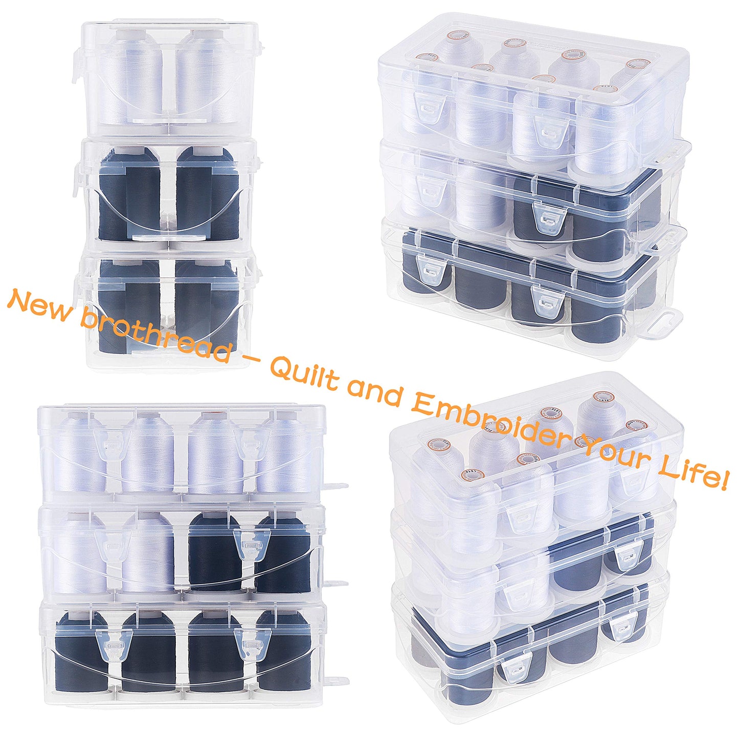 New brothread Polyester Embroidery Machine Thread 1000m Each with Clear Plastic Storage Box for Embroidery & Quilting - 4xSnow White+4xBlack