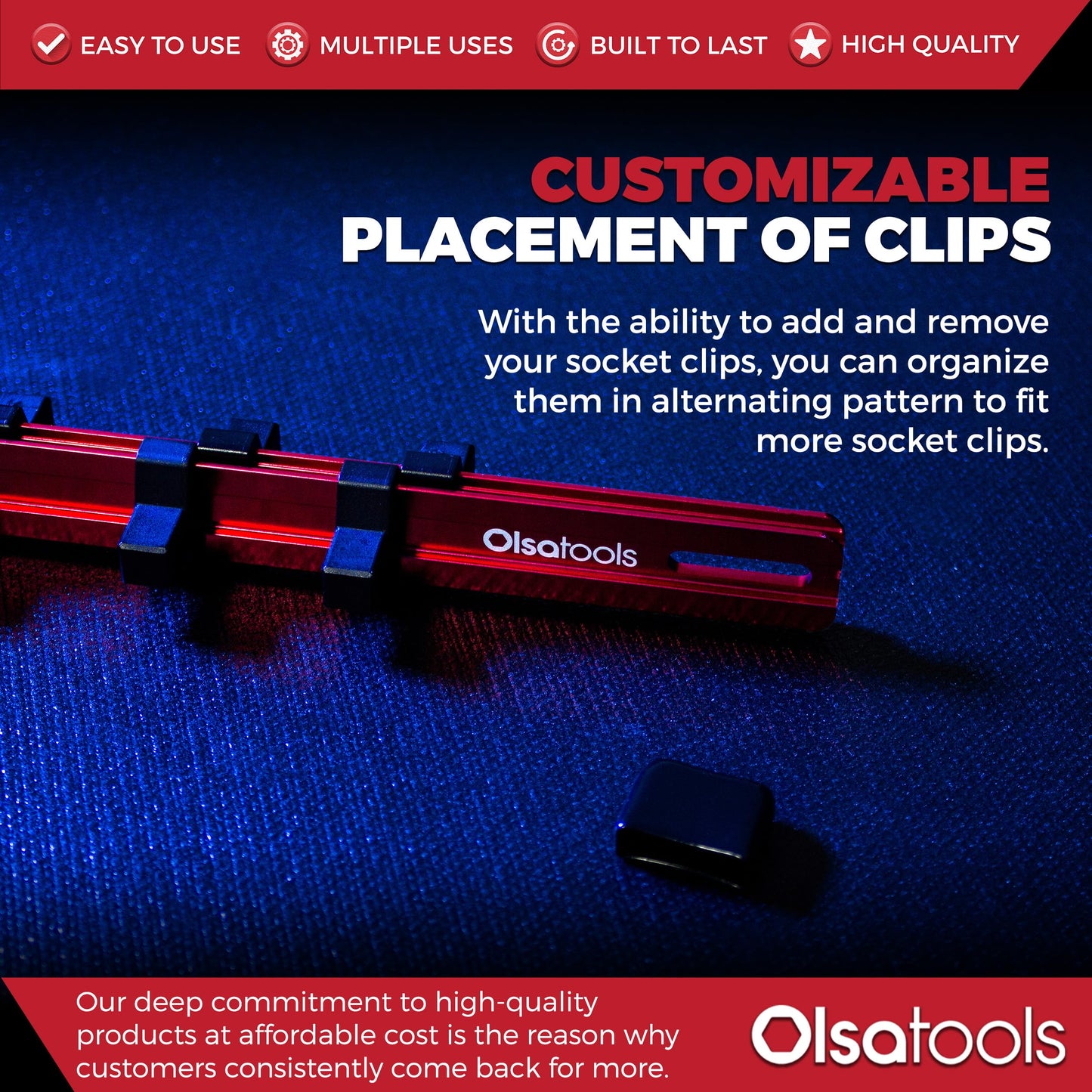 Olsa Tools Socket Organizer - 3/8-Inch Drive Red Holder - Stores 18 Chrome or Impact Sockets - Durable Rail Storage for Mechanics - Professional Grade Metric or SAE Socket Organizer - Part 1011