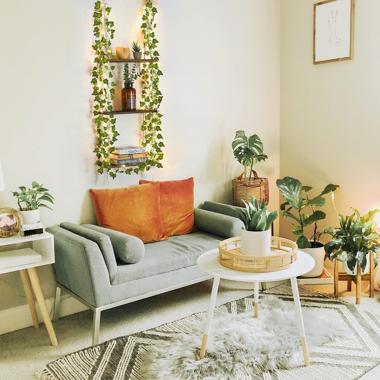 Hanging Shelf with Vine Lights, Macrame Plant Wall Shelf, Wall Storage with Handmade Woven Ropes, 3 Tier Floating Shelf, Boho Room Decor Aesthetic for Succulents, Bedroom, Living Room, Bathroom