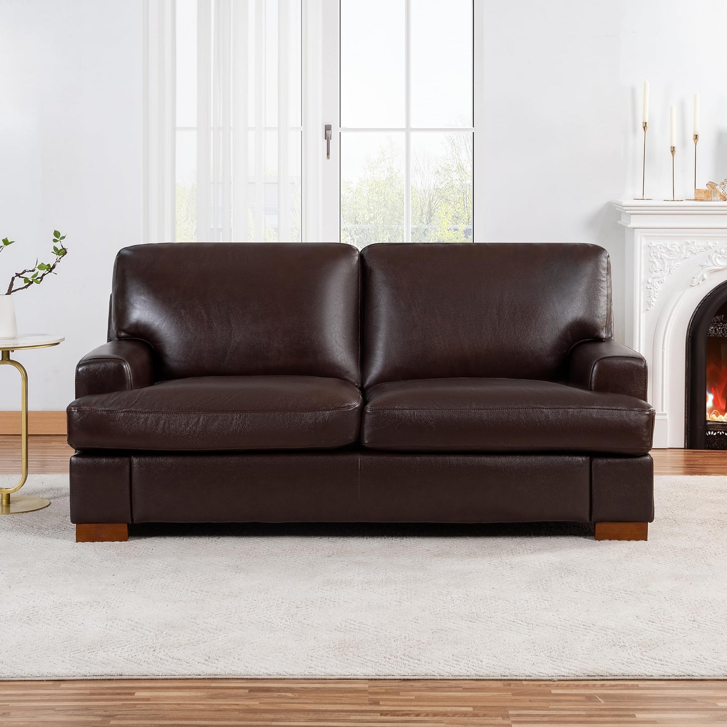 Naomi Home Siggy Genuine Leather Sofa - Set of 3 Luxurious Comfort, Goose Feather Cushion Filling, Square Arm Design, Sturdy Block Legs, Elegant Espresso - Ideal for Living Room, Office, or Bedroom
