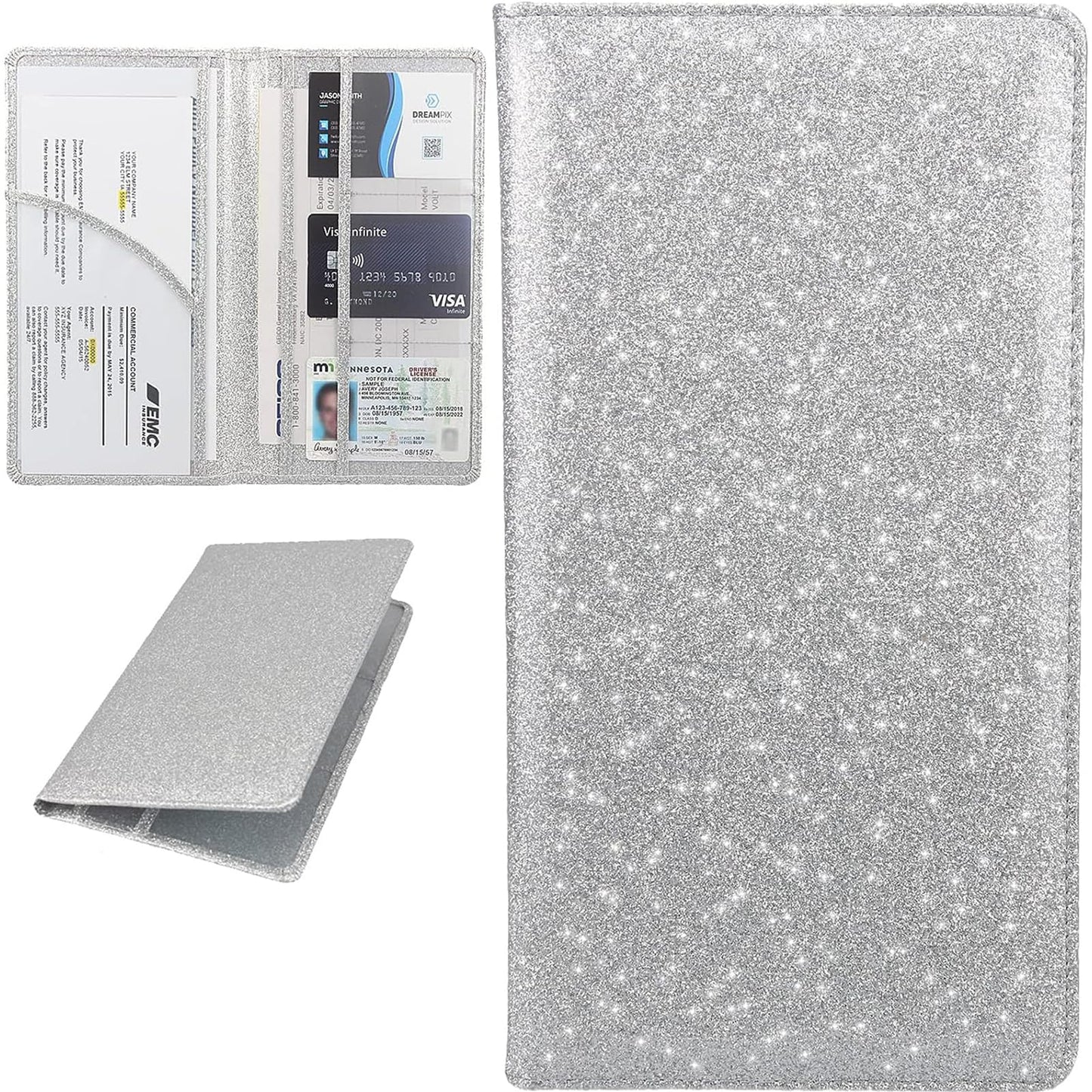 Miunice Car Registration and Insurance Holder, Bling Premium Pu Leather Vehicle Glove Box Organizer, Prefect Leather License Registration Holder for Driver License,Cards & Essential Documents (Silver)