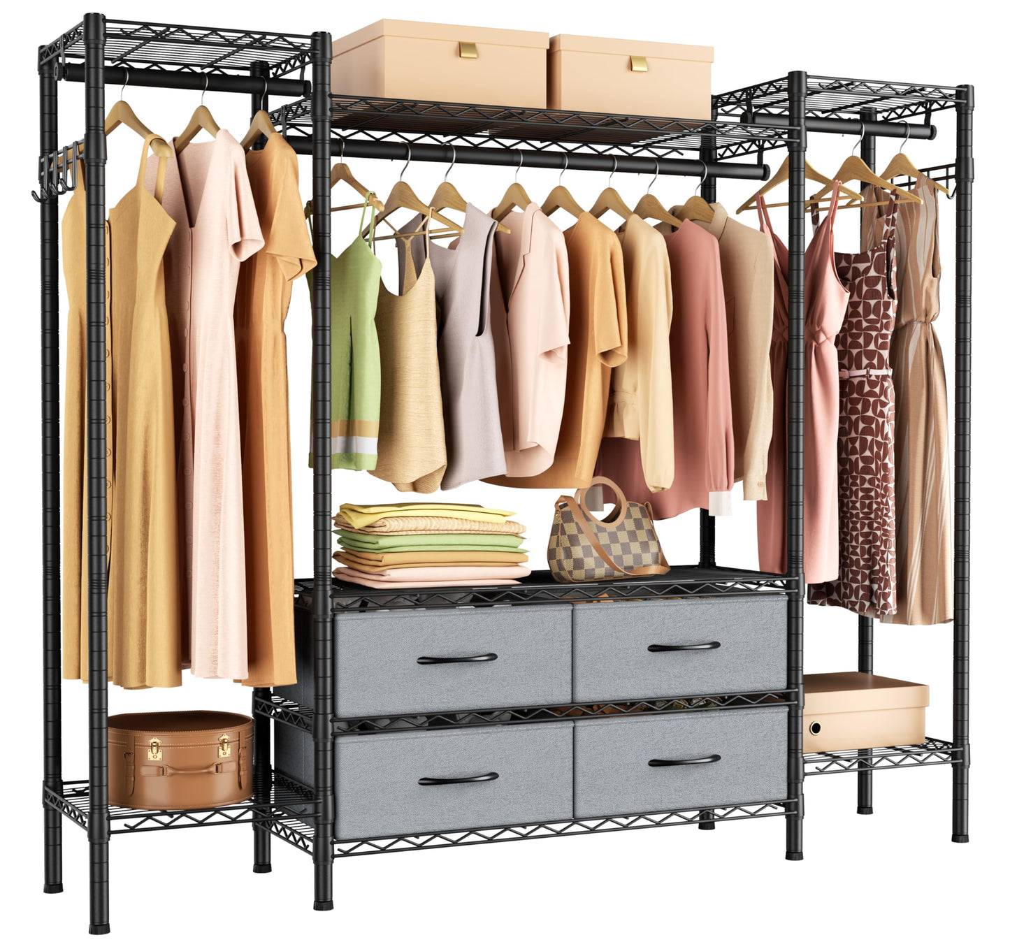 Large Garment Rack Heavy Duty Clothes Rack,Freestanding Closet Portable Clothing Rack with 8 Adjustable Wire Shelves,3 Hang Rods,4 Fabric Drawers,2 Hooks,Metal Closet Storage Wardrobe,MaxLoad 900lbs