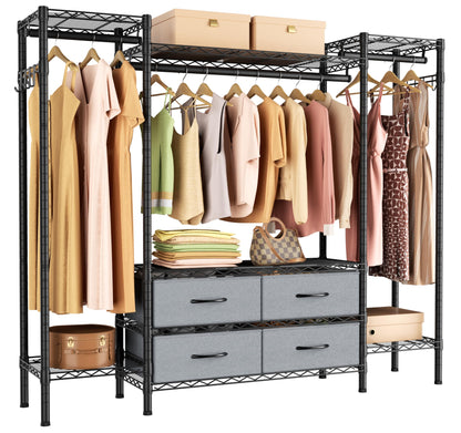 Large Garment Rack Heavy Duty Clothes Rack,Freestanding Closet Portable Clothing Rack with 8 Adjustable Wire Shelves,3 Hang Rods,4 Fabric Drawers,2 Hooks,Metal Closet Storage Wardrobe,MaxLoad 900lbs