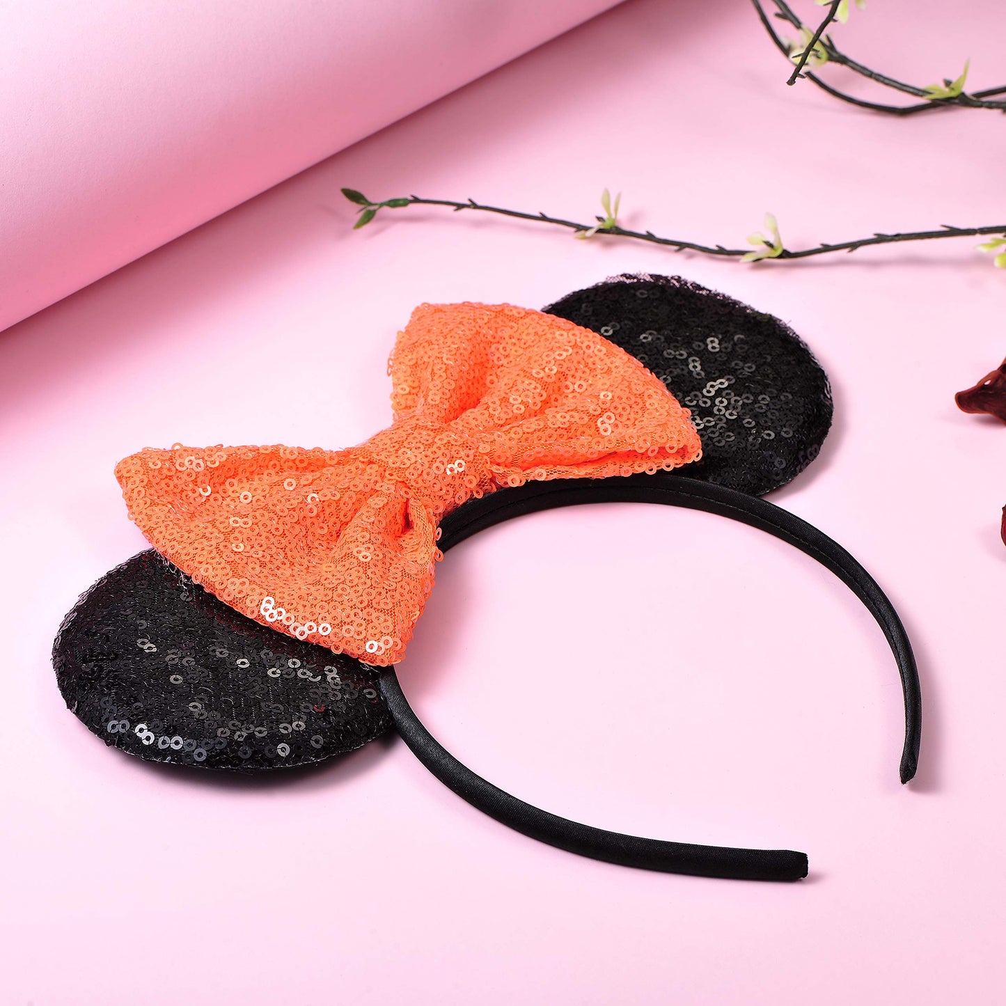 FANYITY Mouse Ears, Sequin Mouse Ears Headband for Girls Women Halloween Birthday Party (Orange Bow)