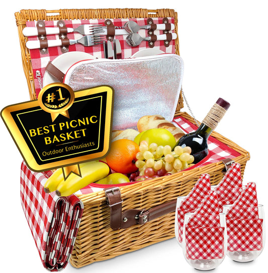 Nature Gear Picnic Basket, Wicker Basket with Handle for Outdoors, Insulated Woven Basket, Includes a Service Kit of Dinnerware & Wine Glasses, Picnic Basket Set for 4 with Blanket, Red & White