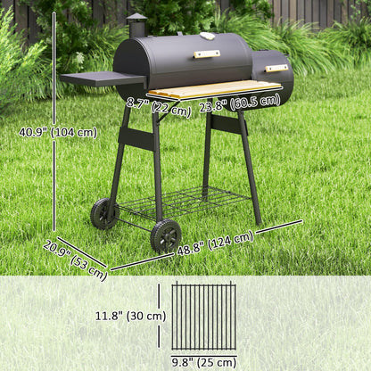 Outsunny 48" Portable Barrel Charcoal BBQ Grill, Steel Outdoor Barbecue Smoker with 232 Square Inches Cooking Space, Storage Shelf, Wheels for Garden Camping Picnic, Black