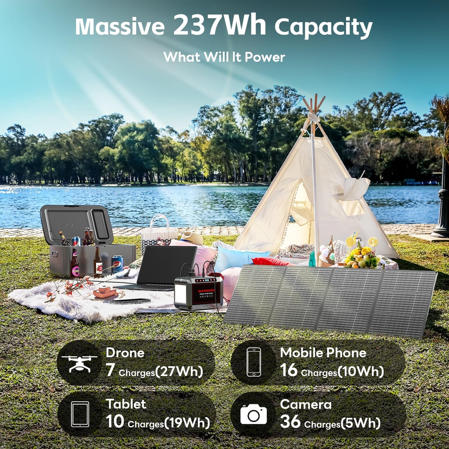 MARBERO 237Wh Solar Generator with Solar Panel Included Portable Power Station 300W Pure Sine Wave with Foldable Solar Panel 60W Set for Camping Outdoor Hiking Fishing Emergency