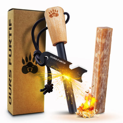 OURS FURTIF Fire Starter Survival Kit – 3/8" Ferro Rod with Multi-Tool Striker & Natural Fatwood Tinder – 15,000+ Strikes Waterproof Flint Fire Steel – Bushcraft, Camping & Emergency Gear