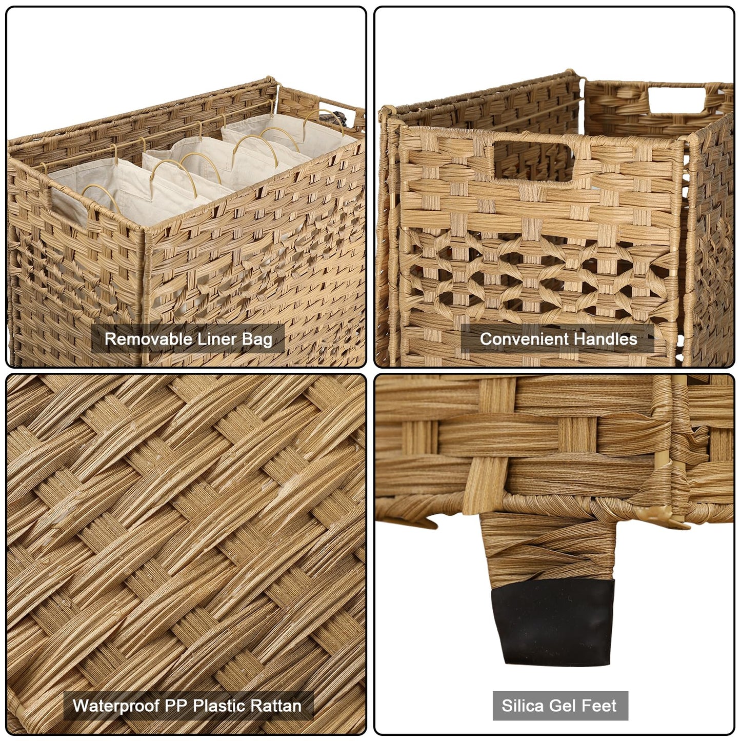 OIAHOMY Laundry Hamper with Lid, 140L Clothes Hamper with 3 Removable Liner Bags, Foldable Basket with Lid, Synthetic Wicker Laundry Basket for Bedroom, 27x 13 x 26 Inches, Yellow