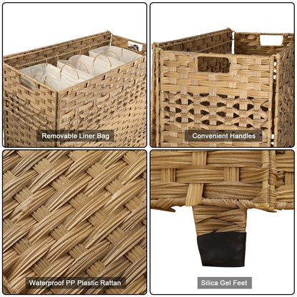 OIAHOMY Laundry Hamper with Lid, 140L Clothes Hamper with 3 Removable Liner Bags, Foldable Basket with Lid, Synthetic Wicker Laundry Basket for Bedroom, 27x 13 x 26 Inches, Yellow