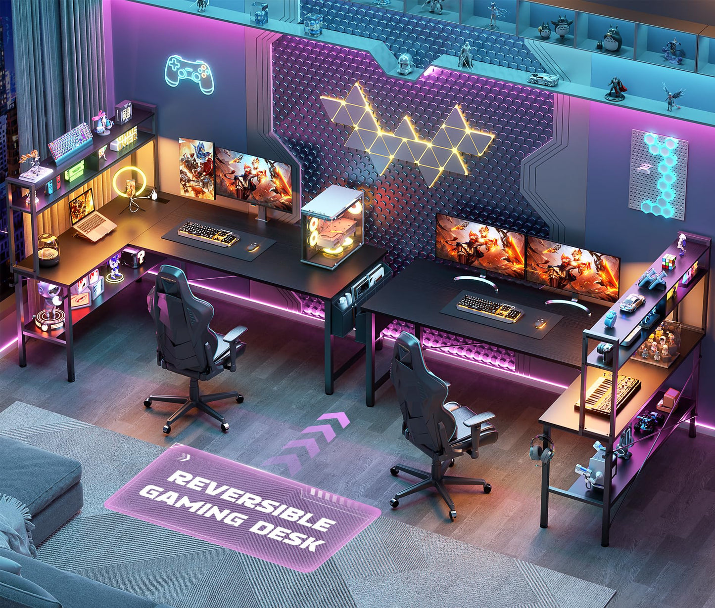 Aheaplus L Shaped Desk Gaming Desk, 59" L Shaped Computer Desk with LED Light & Power Outlet, Reversible Home Office Desk Gamer Desks with Shelves & Storage Bag & Hooks, Corner PC Desk, Black