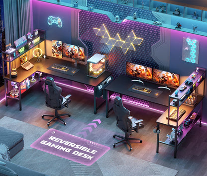 Aheaplus L Shaped Desk Gaming Desk, 59" L Shaped Computer Desk with LED Light & Power Outlet, Reversible Home Office Desk Gamer Desks with Shelves & Storage Bag & Hooks, Corner PC Desk, Black