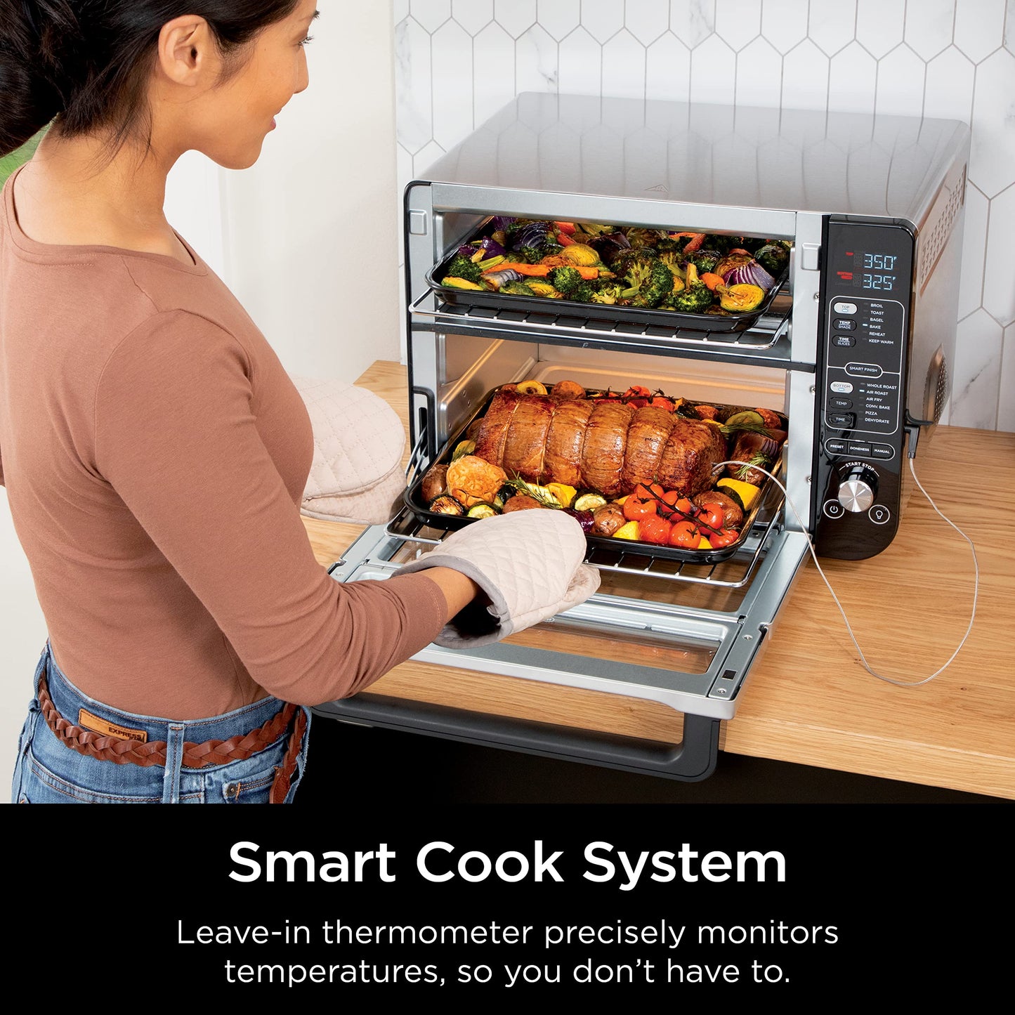 Ninja DCT451 12-in-1 Smart Double Oven with FlexDoor, Thermometer, FlavorSeal, Smart Finish, Rapid Top Convection and Air Fry Bottom , Stainless Steel