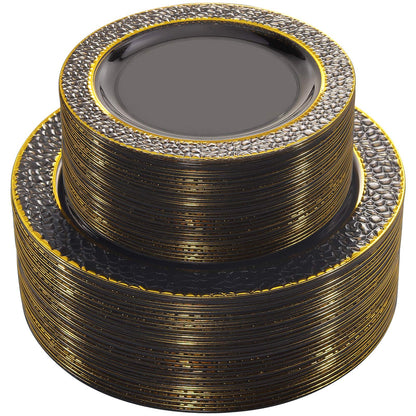 Nervure 102PCS Black Plastic Plates - Disposable Black Party Plates Include 51PCS 10.25inch Dinner Plate & 51PCS 7.5inch Dessert Plate for Halloween & Party & New Year & Father's Day