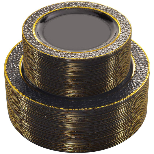 Nervure 102PCS Black Plastic Plates - Disposable Black Party Plates Include 51PCS 10.25inch Dinner Plate & 51PCS 7.5inch Dessert Plate for Halloween & Party & New Year & Father's Day