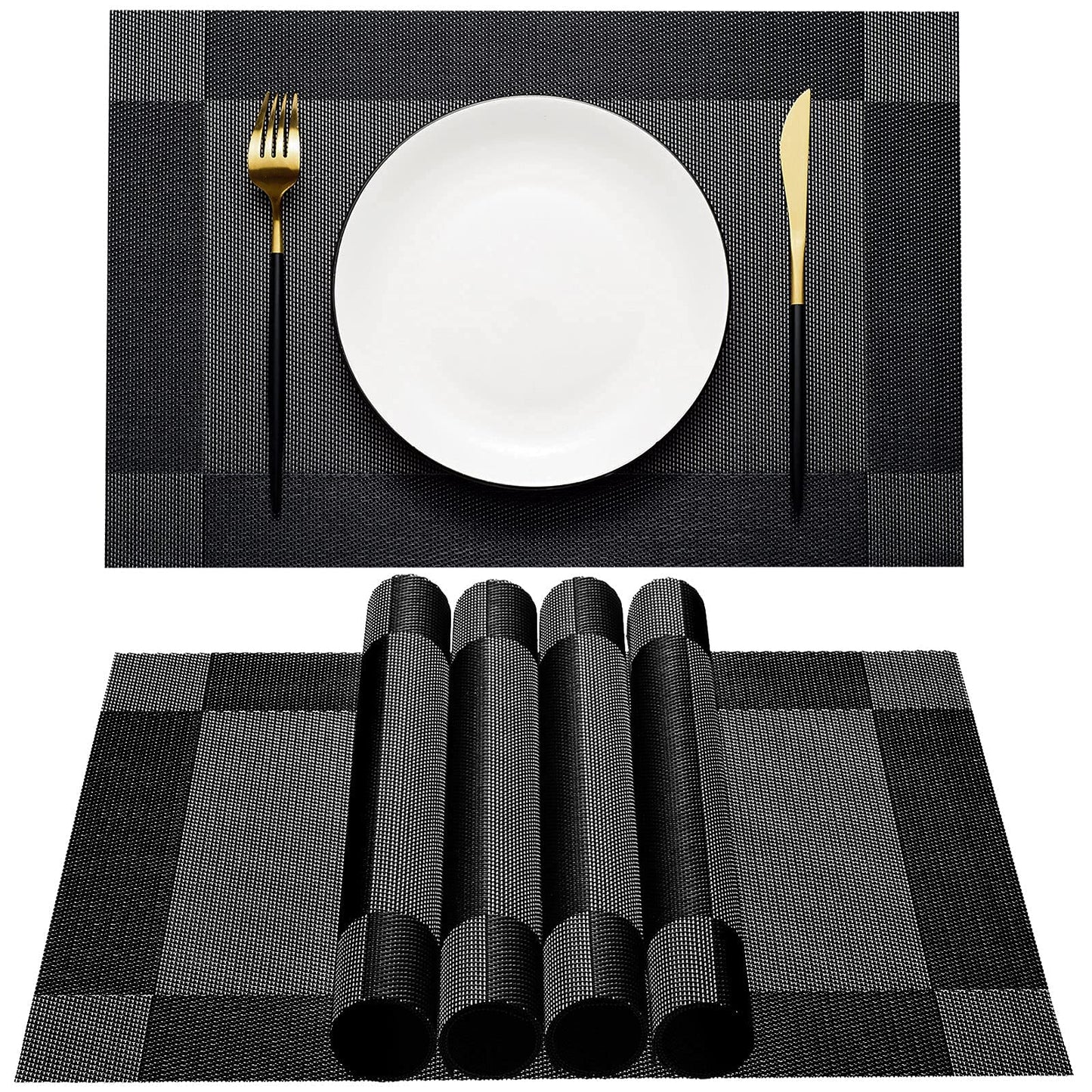 AHHFSMEI Placemats for Dining Table Set of 6 Woven Vinyl Plastic Place Mats Non-Slip Heat Insulation Stain Resistant Table Mats Washable Easy Clean Placemats (Black Corner)