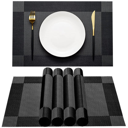 AHHFSMEI Placemats for Dining Table Set of 6 Woven Vinyl Plastic Place Mats Non-Slip Heat Insulation Stain Resistant Table Mats Washable Easy Clean Placemats (Black Corner)